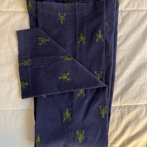 Lilly Pulitzer Blue Corduroy Slacks with green embroidered lobsters